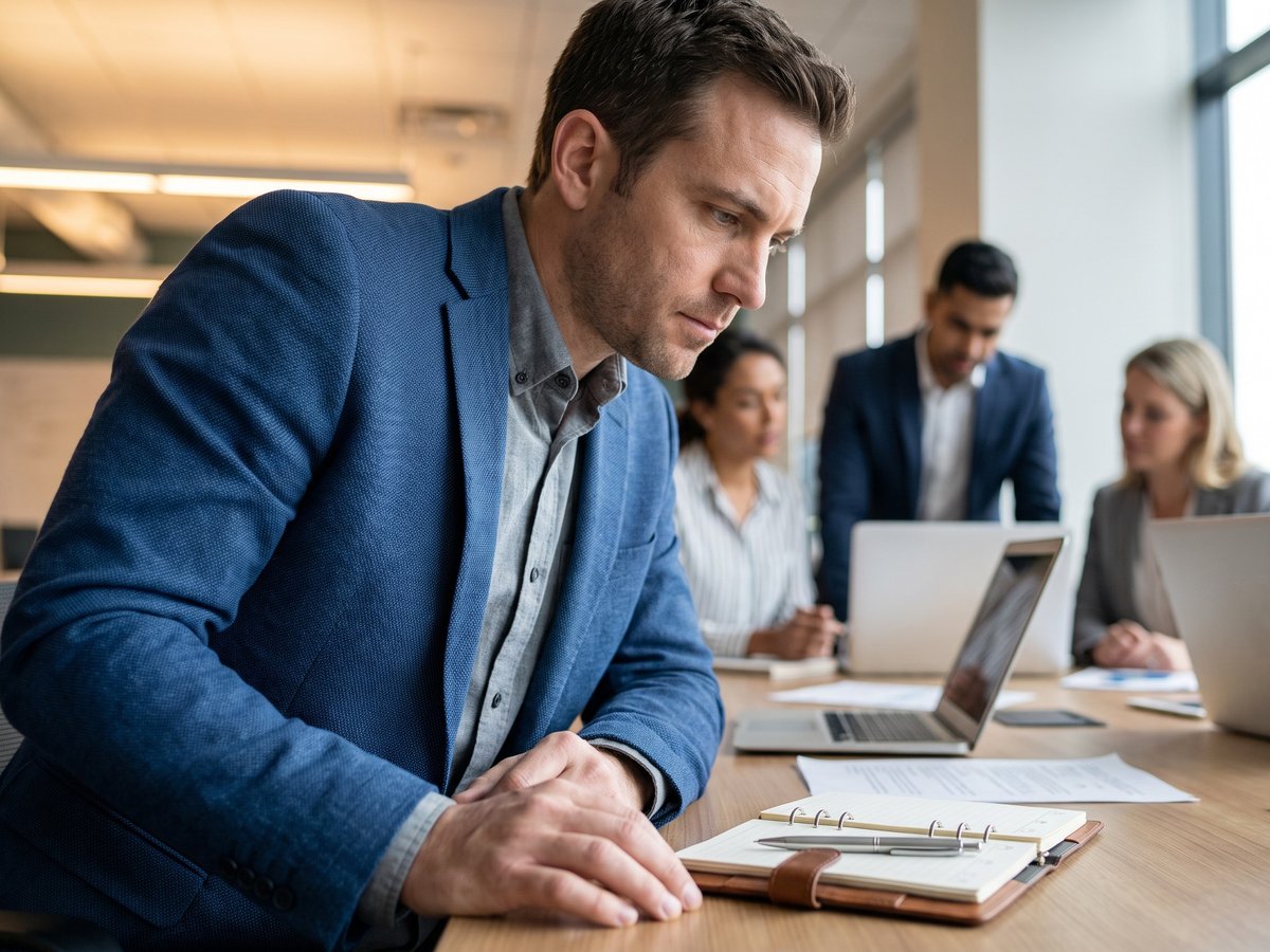 A professional reviewing his notes at a meeting table while colleagues talk in the background